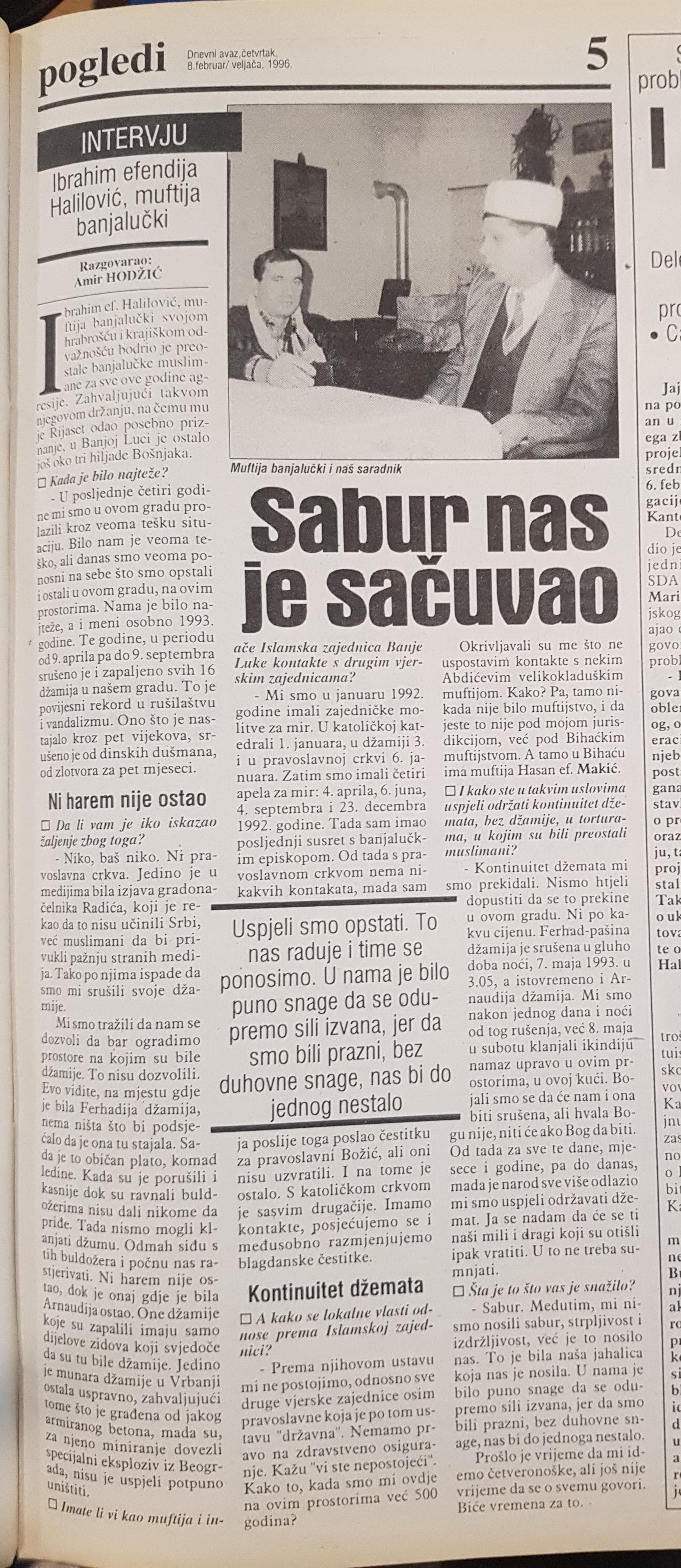 Intervju muftije banjalučkog, rahmetli Ibrahima ef. Halilovića za „Dnevni avaz” od 8. februara 1996. godine pod naslovom „Sabur nas je sačuvao” - Avaz