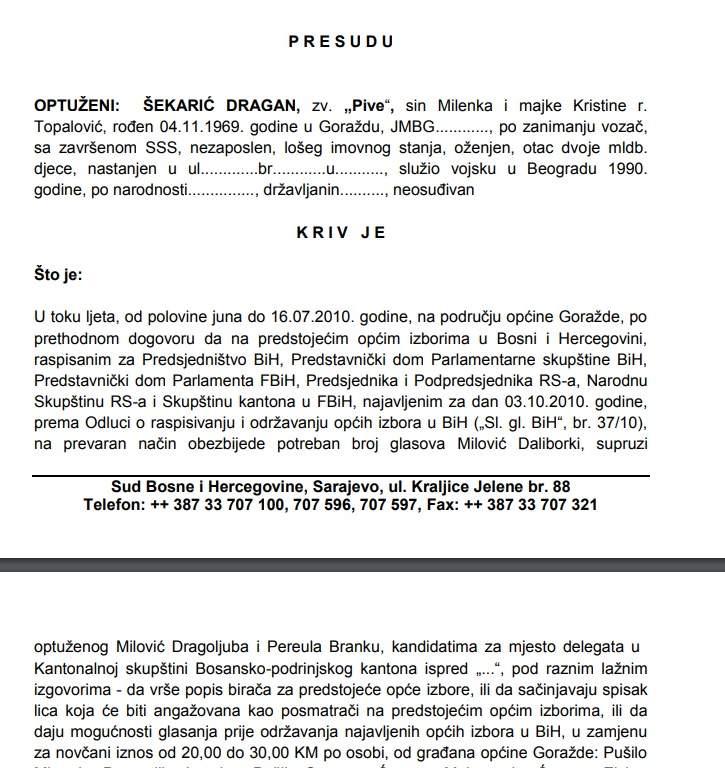 Faksimil presude Šekariću: S Milovićem i Pereulom dobio uvjetnu kaznu - Avaz