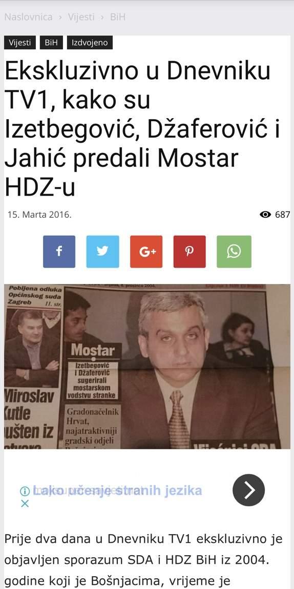 Tekst čiji je dio citirao Radončić, a potvrđuje Izetbegovićevu i Džaferovićevu predaju Mostara HDZ-u - Avaz