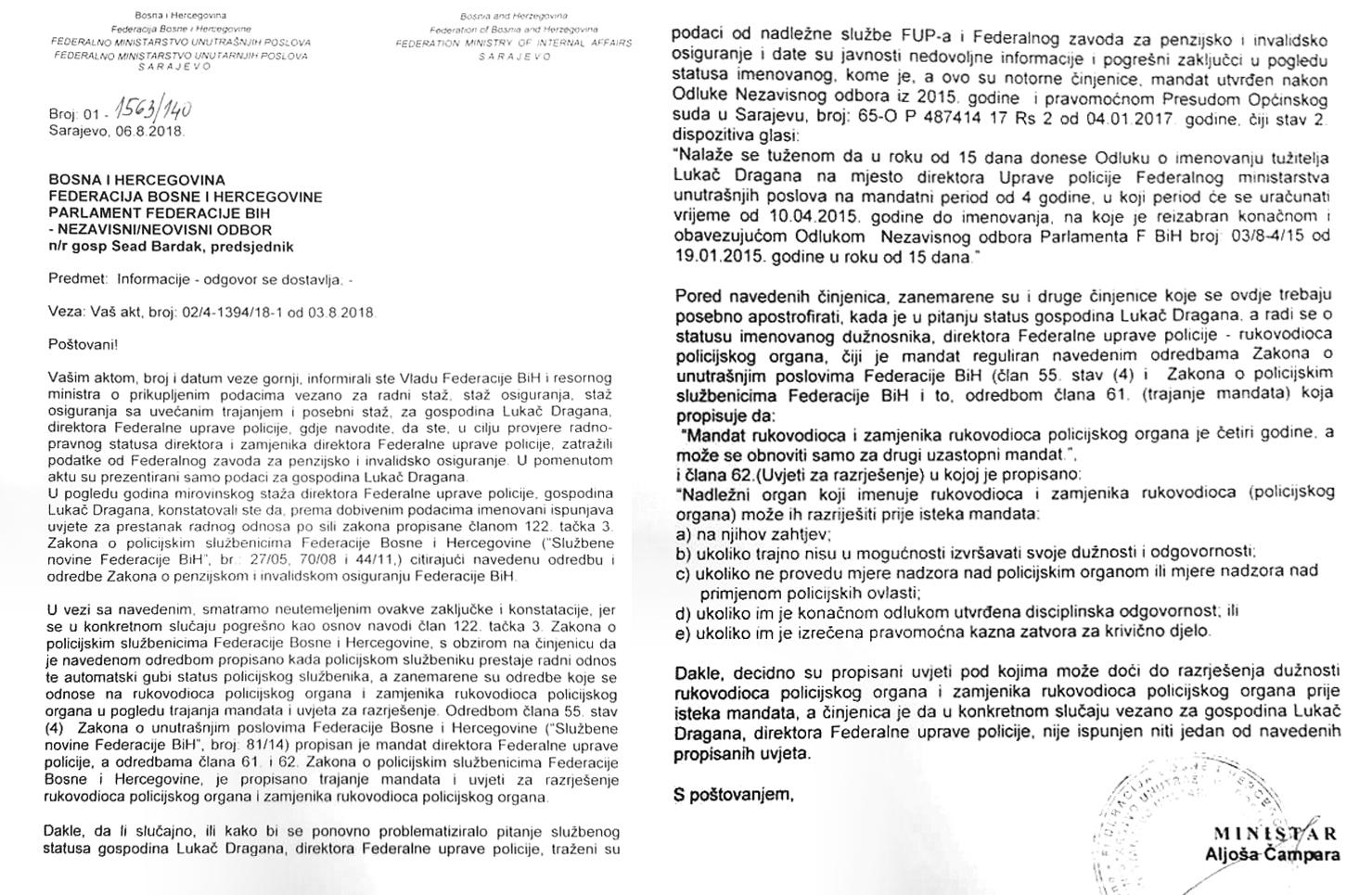 Faksimil dopisa ministra Čampare upućenog Vladi i NO - Avaz