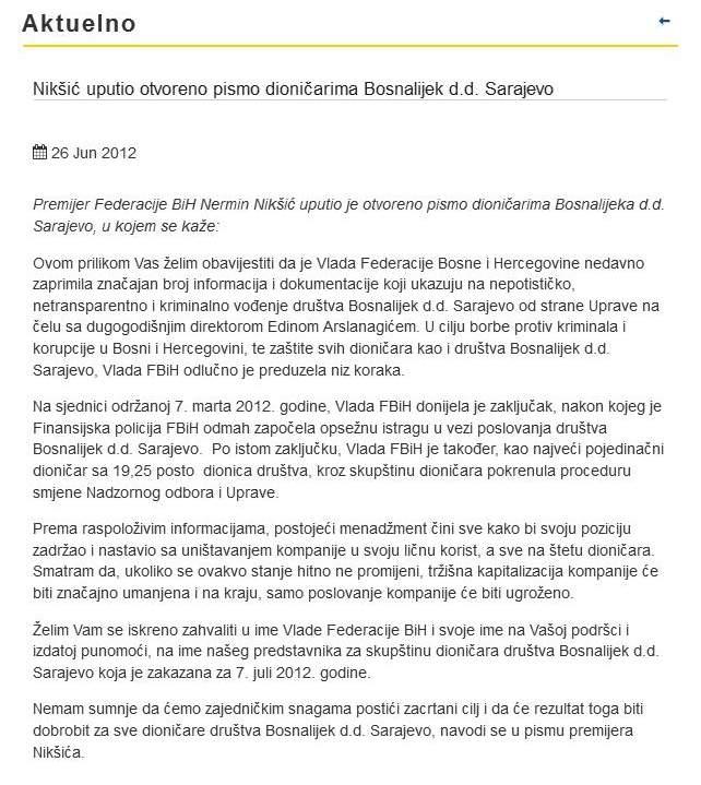 Faksimil Nikšićevog otvorenog pisma dioničarima “Bosnalijeka” od 26. juna 2012. godine u kojem je upozoravao na nepotističko, netransparentno i kriminalno vođenje kompanije - Avaz