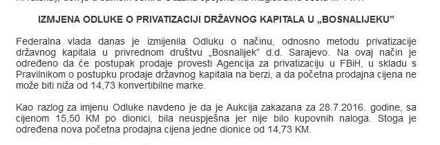 Faksimil odluke Novalićeve vlade od 22. septembra 2016. godine nakon koje je  19,25 posto državnog kapitala „Bosnalijeka“ dao za svega 23 miliona KM - Avaz
