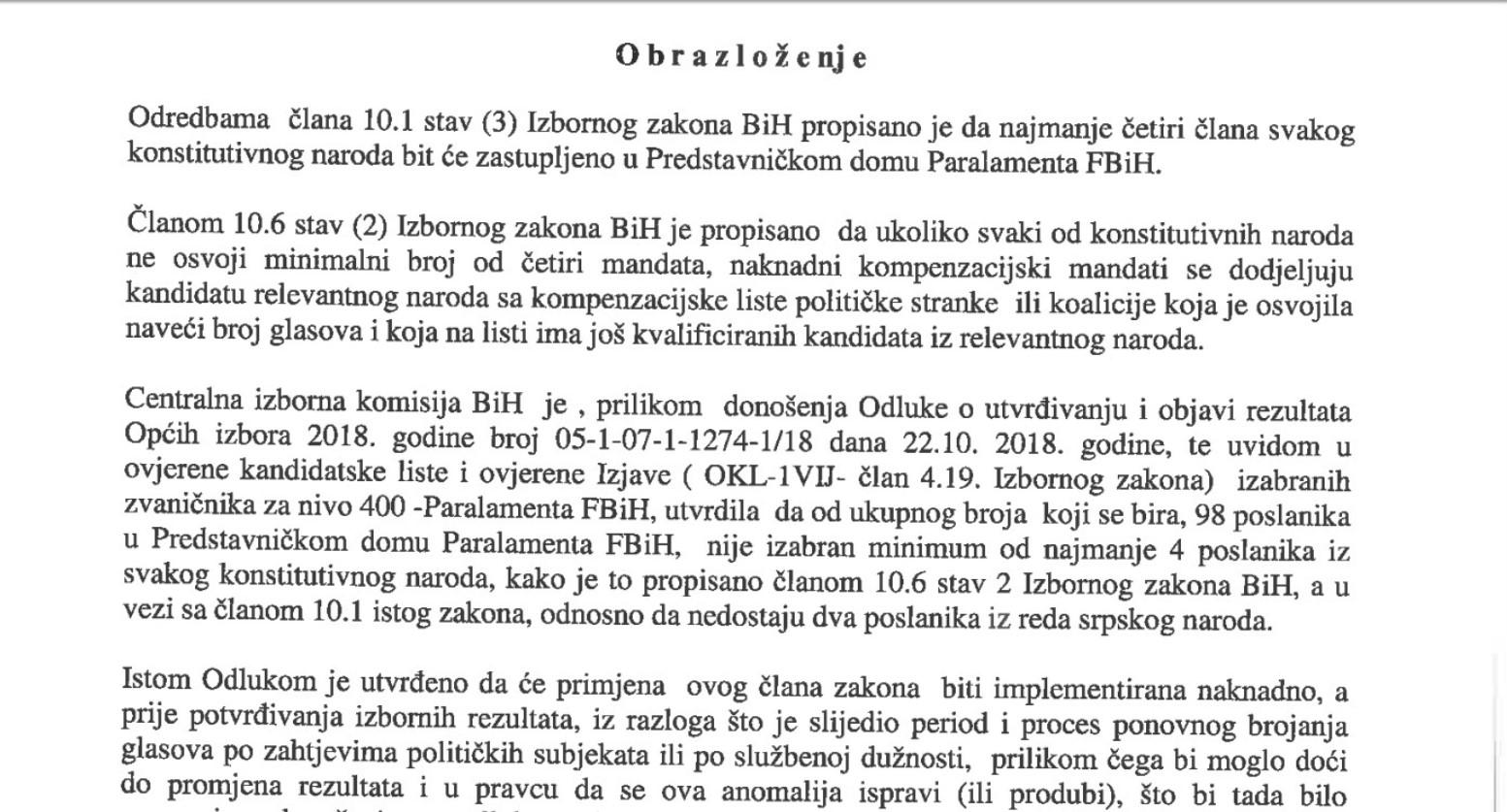 Faksimil sinoćnje odluke CIK-a: Navode da su 22. oktobra utvrdili da nedostaju dva poslanika iz reda srpskog naroda - Avaz