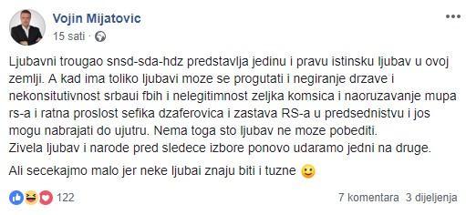 Mijatovićev status na Facebooku - Avaz