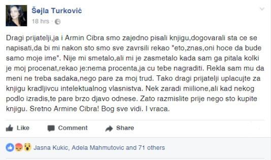 Facebook status Šejle Jugo-Turković iz juna prošle godine u kojem je otkrila da „postoji neko iznad nje i Cibre“ - Avaz