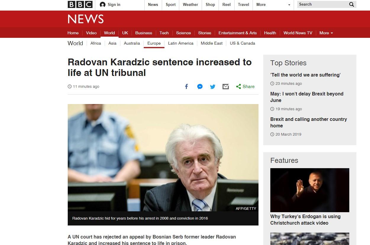 Svjetski mediji: Prvostepena presuda nije odgovarala ulozi koju je Karadžić imao u najgorem krvoproliću u Evropi od Drugog svjetskog rata