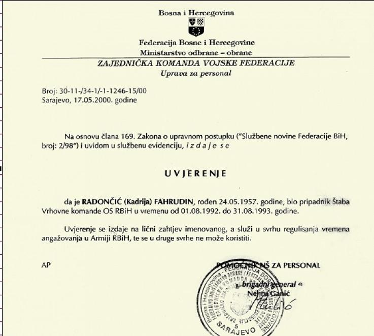 Dokaz da je Radončić bio član Štaba Vrhovne komande OSBiH: Uvjerenje iz 2000. godine - Avaz
