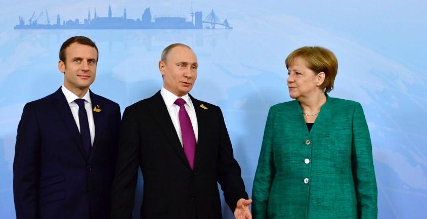 Emanuel Makron, Vladimir Putin i Angela Merkel - Avaz