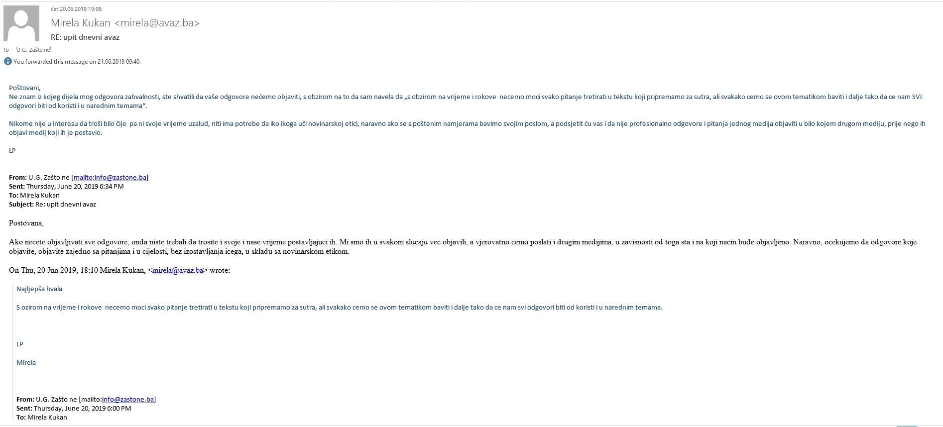 Jučerašnja e-mail korespondencija između Brkana i „Dnevnog avaza“ - Avaz