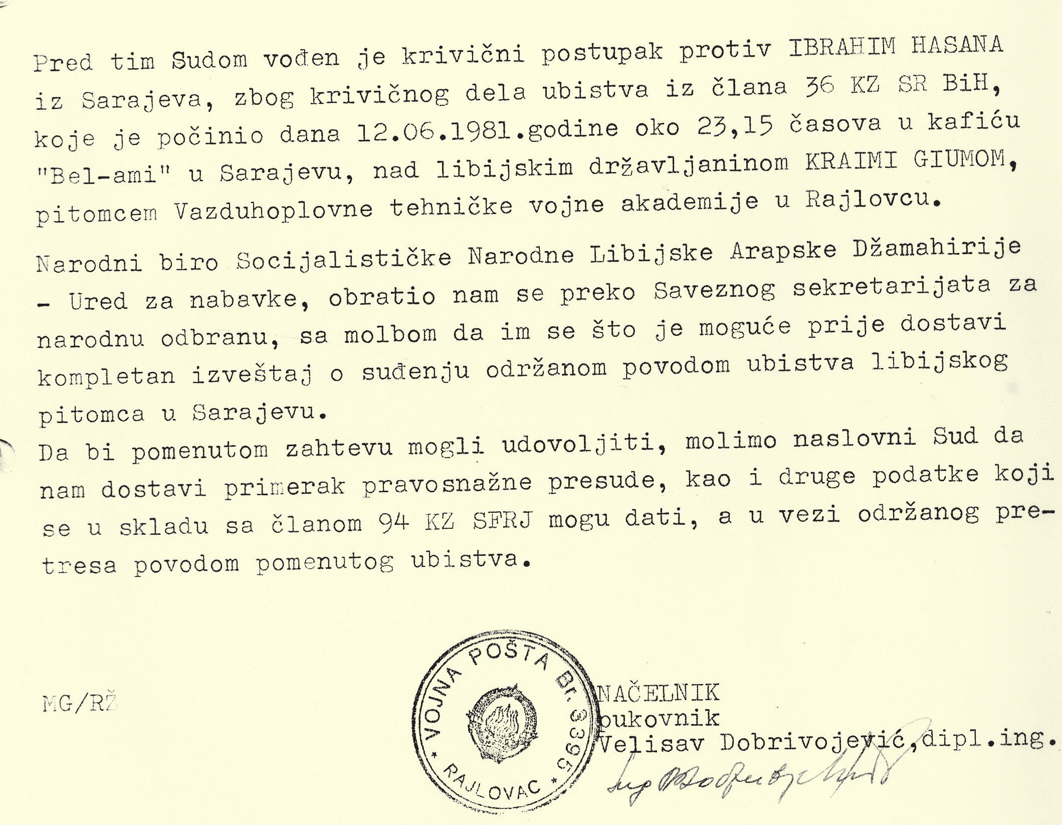 Zahtjev Vojne akademije u Rajlovcu iz 1982. godine: Libija tražila da im se dostavi presuda - Avaz