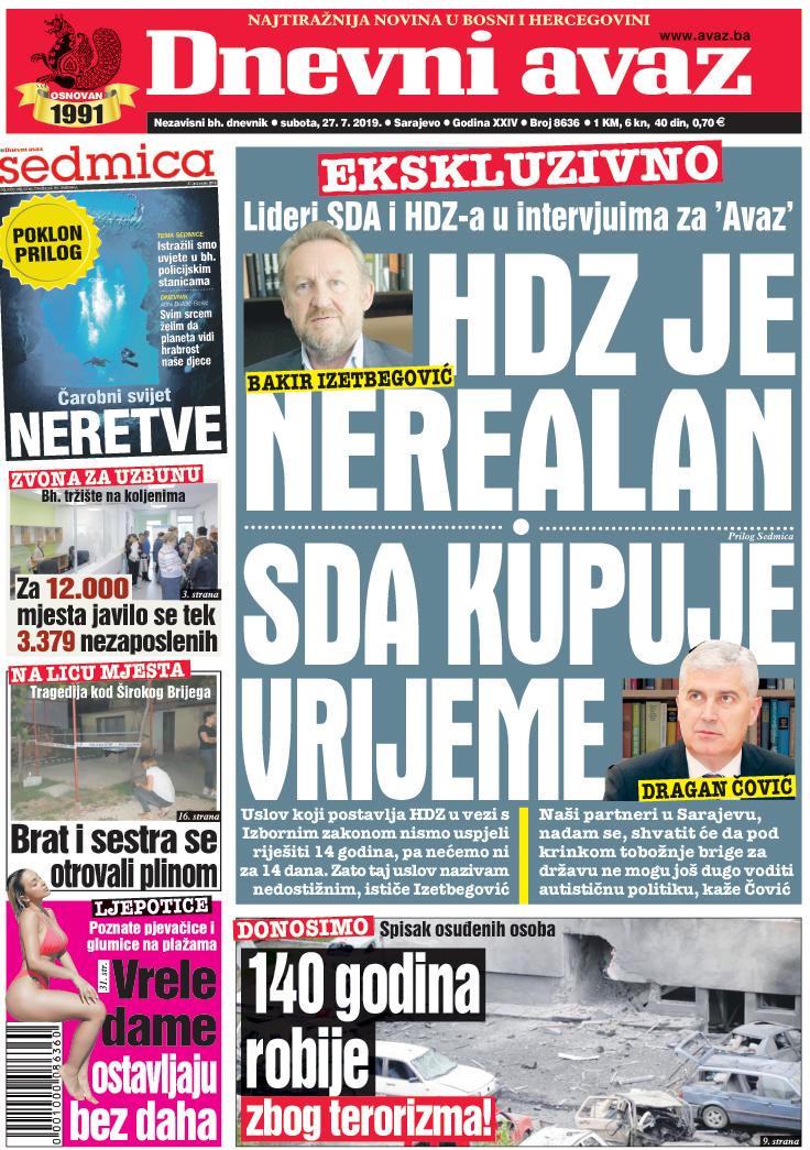 Naslovnica "Dnevnog avaza" za 27.7.2019 - Avaz
