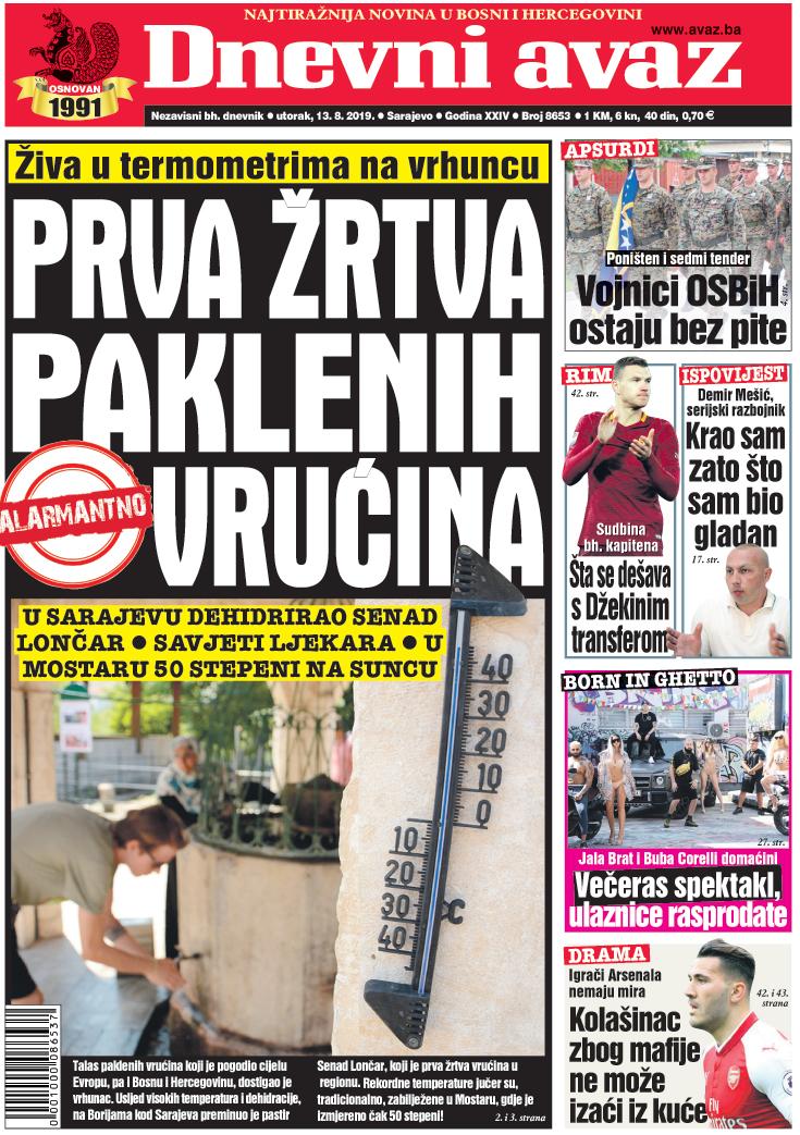 Naslovnica "Dnevnog avaza" za 13.08.2019. - Avaz