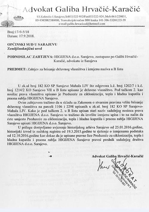 Faksimil zahtjeva koji je advokatica Galiba Hrvačić-Karačić uputila Općinskom sudu, a na kojem se vidi i datum podnošenja - Avaz