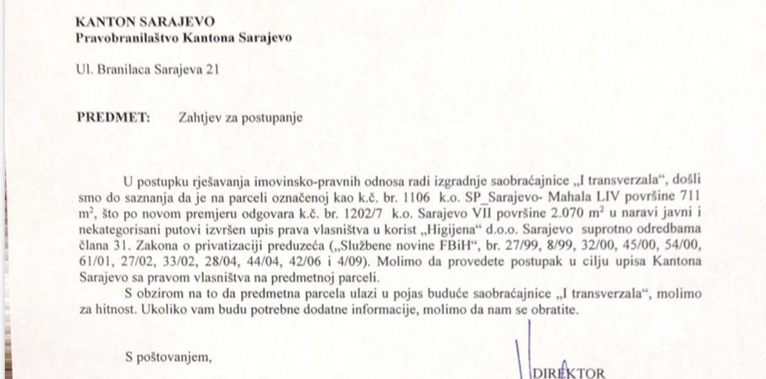 Faksimil dopisa koji je Zavod za izgradnju poslao Pravobranilaštvu KS - Avaz
