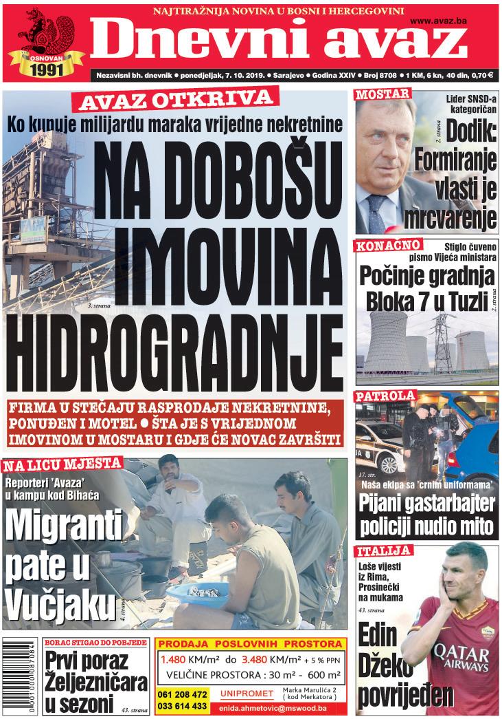 Naslovnica "Dnevnog avaza" za 07.10.2019. - Avaz
