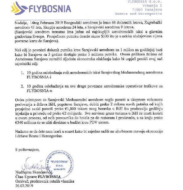 Faksimil pisma Uprave „FlyBosnije“ Aeodromu Sarajevo - Avaz