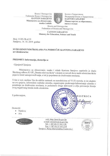 Dopis Ministarstva upućen školama u KS - Avaz