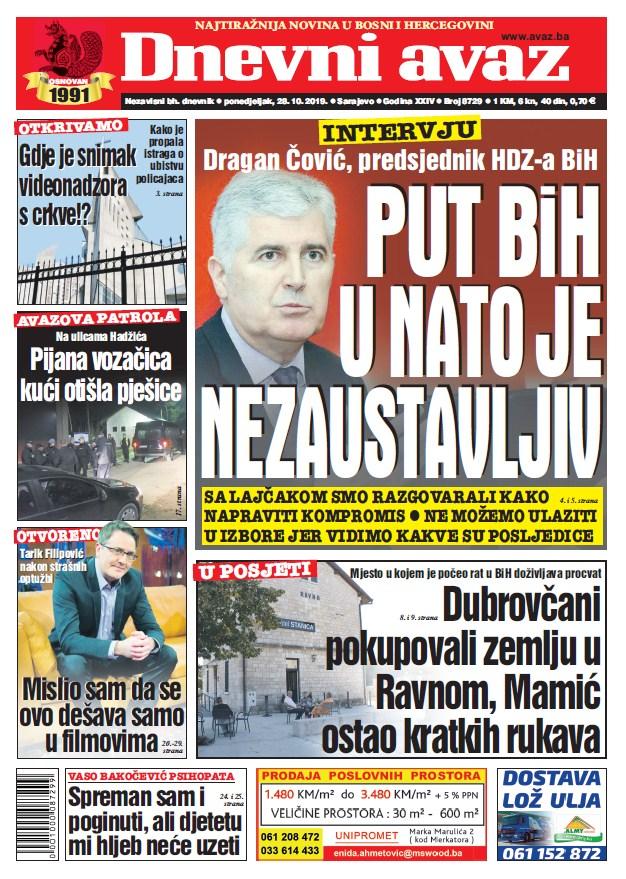 Naslovnica "Dnevnog avaza" za 28. oktobar 2019. - Avaz