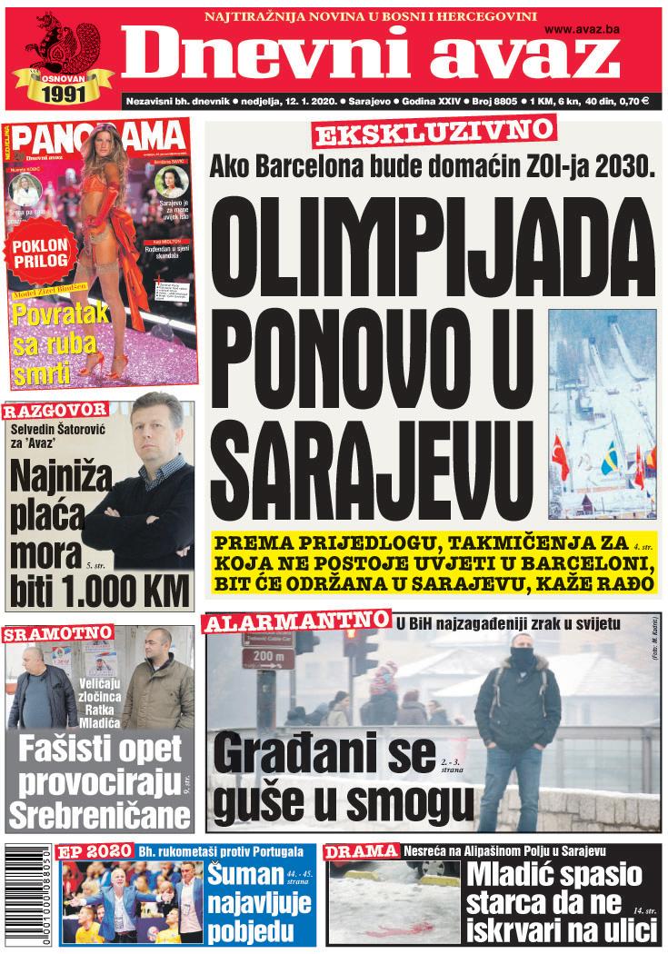 Naslovnica "Dnevnog avaza" za 12. januar 2020. - Avaz