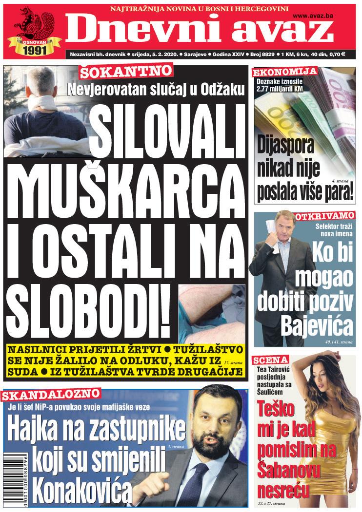 Naslovna strana "Dnevnog  avaza" za 5. 2. 2020. - Avaz