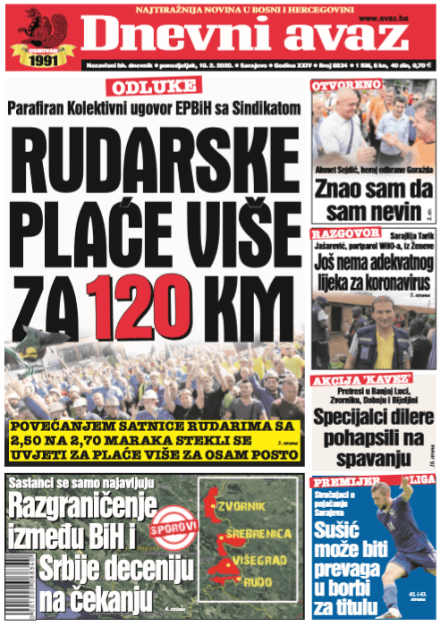 Naslovna strana "Dnevnog avaza" za 09.02.2020. - Avaz