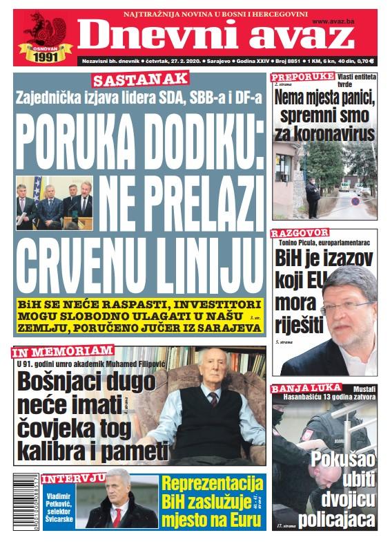 Naslovna strana "Dnevnog avaza" - Avaz