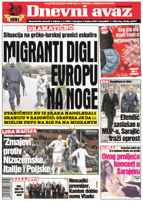 Naslovna strana "Dnevnog avaza" za 04.03.2020. - Avaz