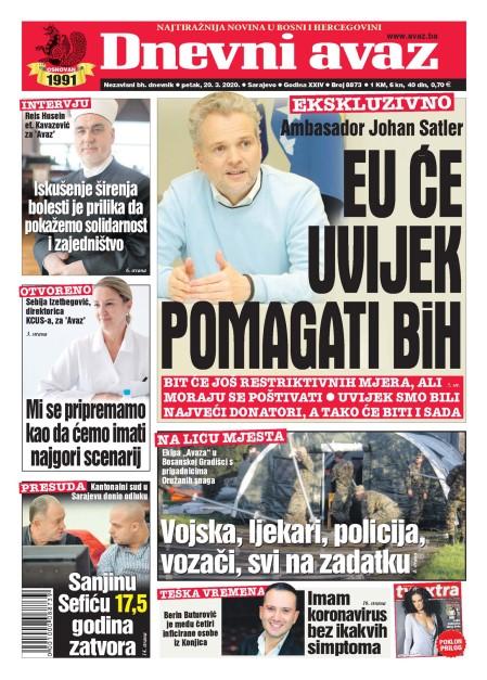 Naslovna strana "Dnevnog avaza" za 20. mart 2020. - Avaz