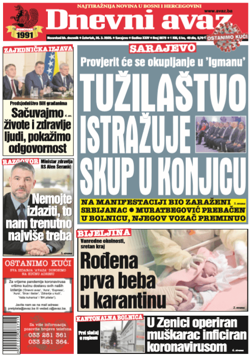 Naslovna strana "Dnevnog avaza" za 26.03.2020. - Avaz