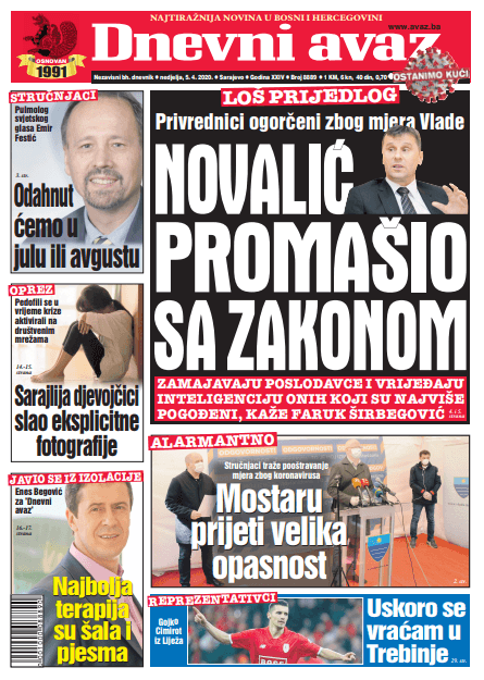 Naslovna strana "Dnevnog avaza" za 05.04.2020. - Avaz