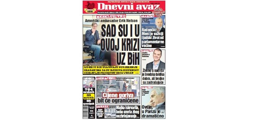 U današnjem broju "Dnevnog avaza" čitajte: SAD su i u ovoj krizi uz BiH