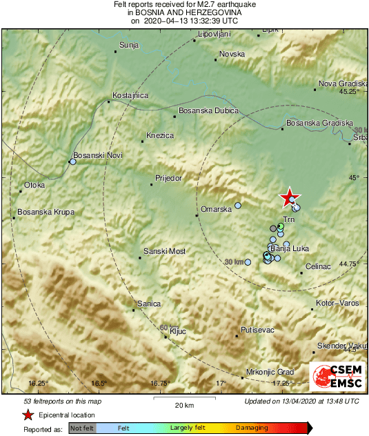 Epicentar zemljotresa nalazio se na 20 kilometara sjeverno od Banje Luke - Avaz