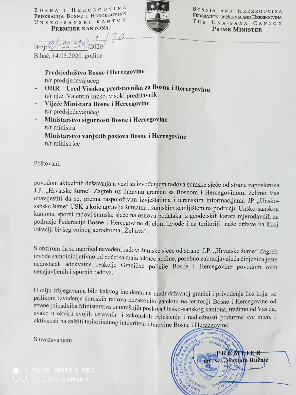 Faksimil dopisa koji je uputio premijer Ružnić - Avaz