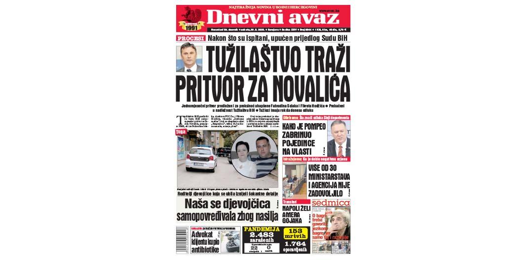 Danas u "Dnevnom avazu" čitajte: Tužilaštvo traži pritvor za Novalića