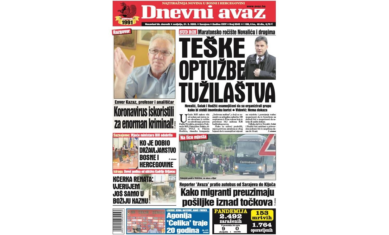 Danas u "Dnevnom avazu" čitajte: Maratonsko ročište Novaliću i drugima, teške optužbe Tužilaštva BiH