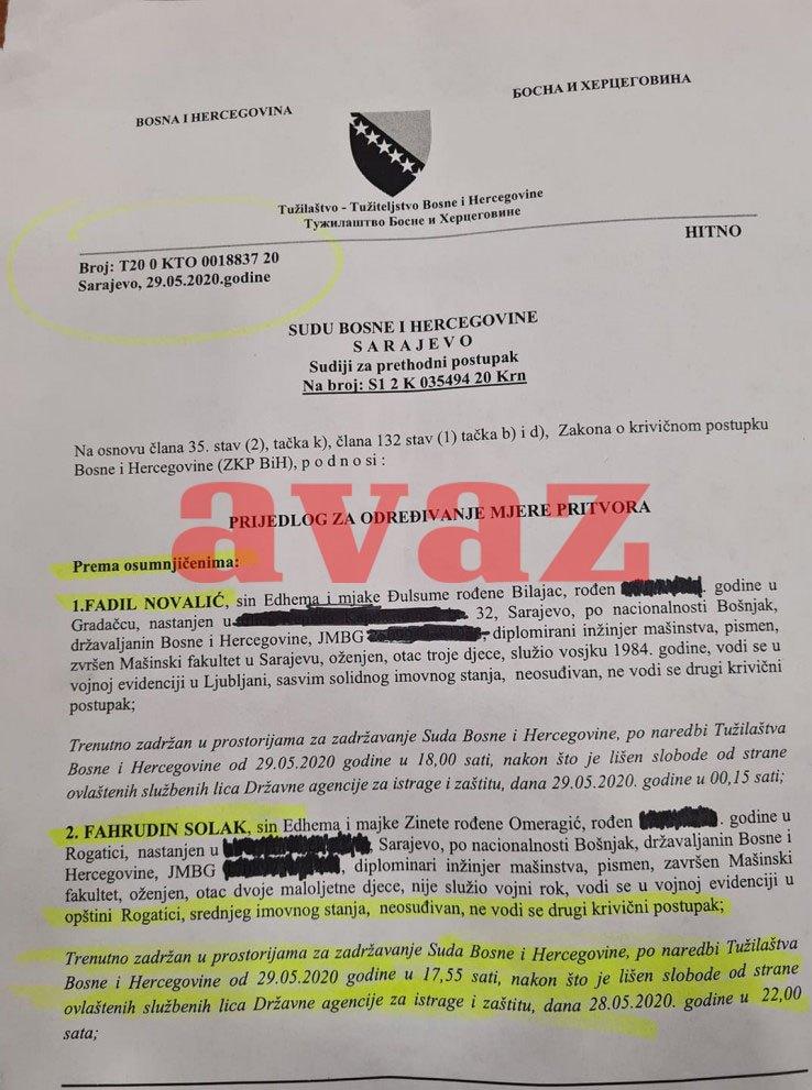 Faksimil Tužilaštva BiH od 20. maja, a odnosi se na prijedlog za određivanje pritvora - Avaz