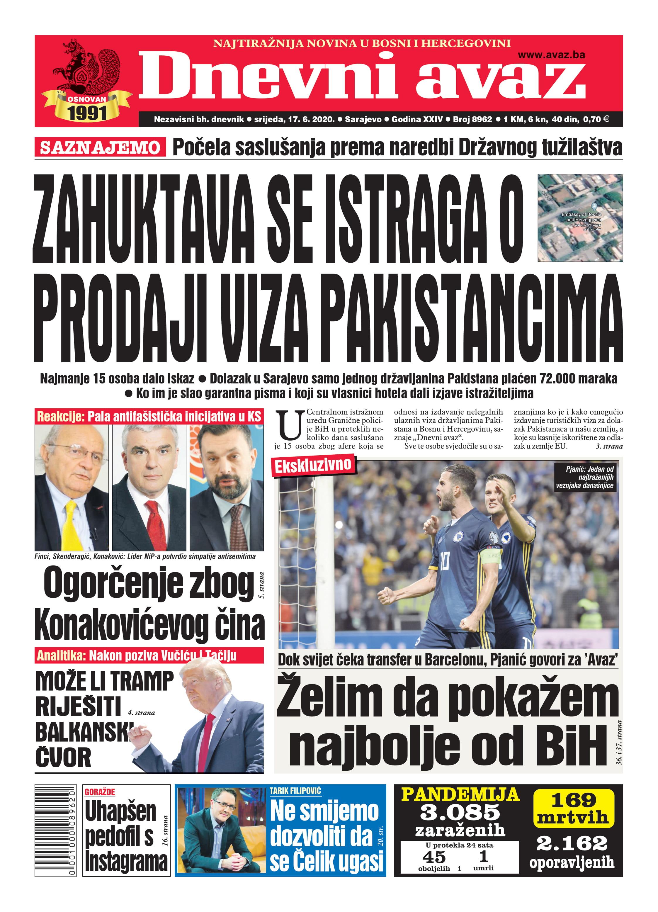 Naslovna strana "Dnevnog avaza" za 17.6.2020. - Avaz