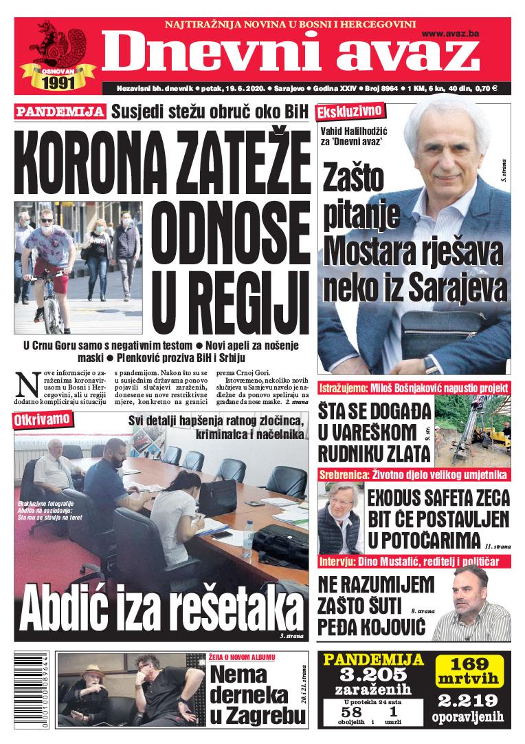 Naslovna strana "Dnevnog avaza" za 19.6.2020. - Avaz