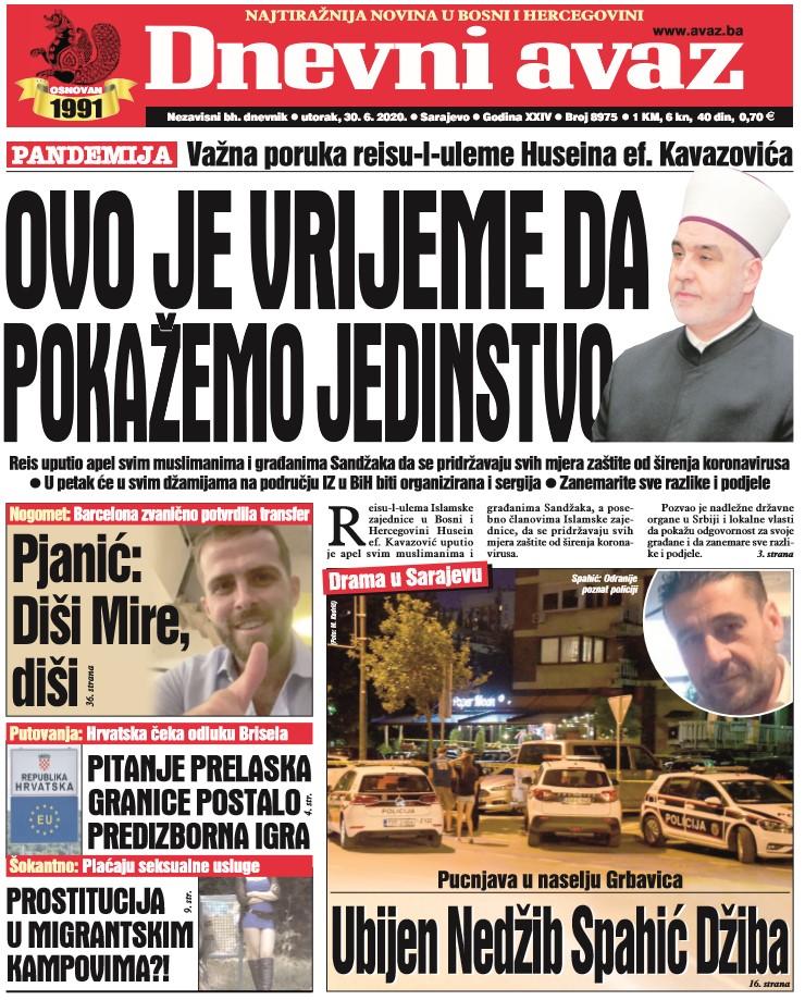 Današnja naslovnica "Dnevnog avaza" - Avaz