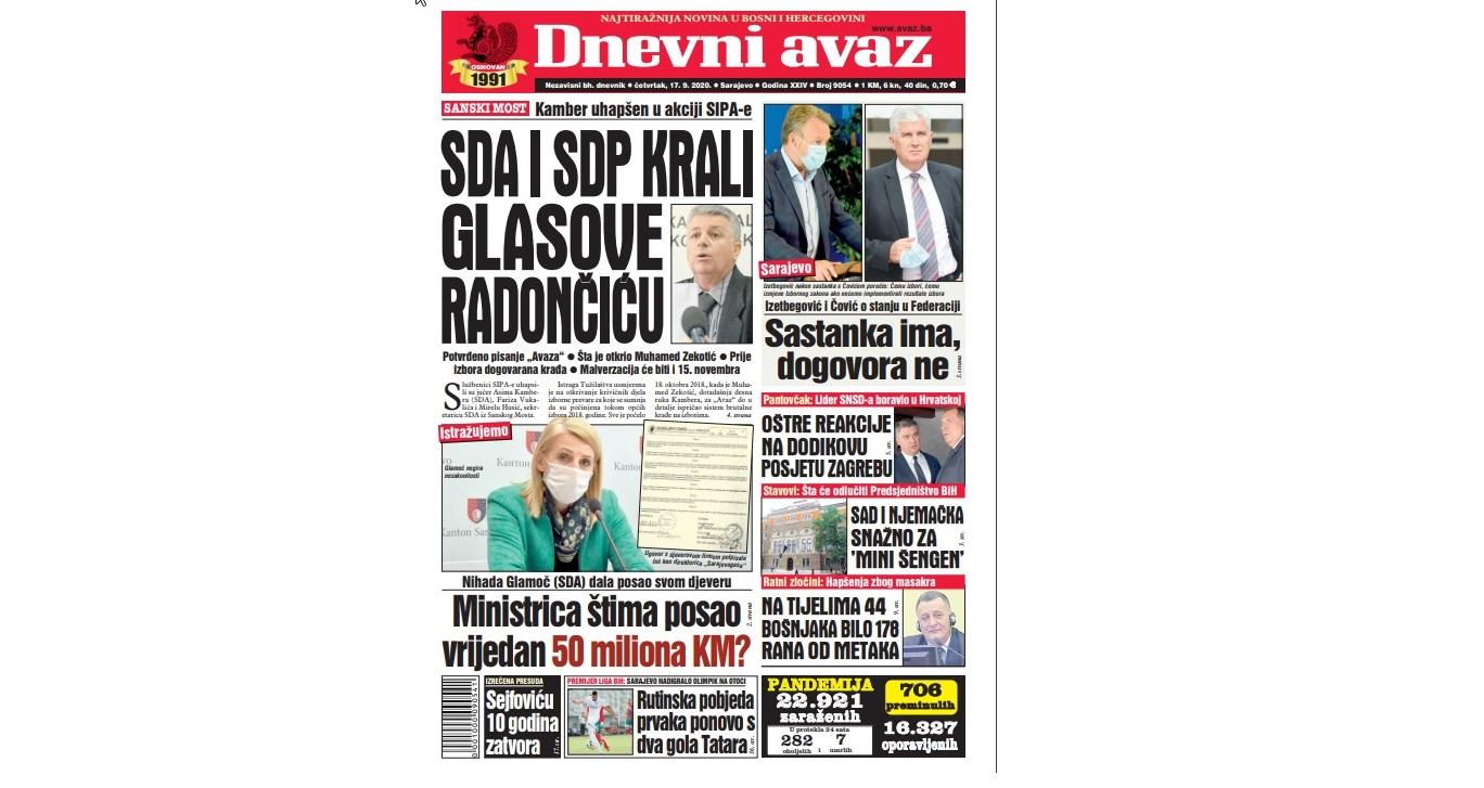 Danas u "Dnevnom avazu" čitajte: SDA i SDP krali glasove Radončiću!