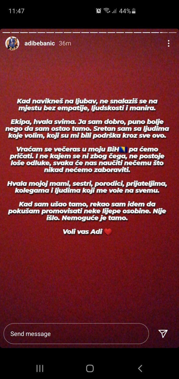 Adi Bebanić oglasio se na Instagramu - Avaz