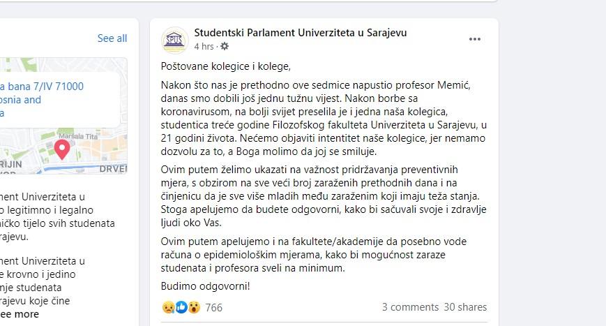 Informacija objavljena na zvaničnoj Facebook stranici Studentskog parlamenta - Avaz