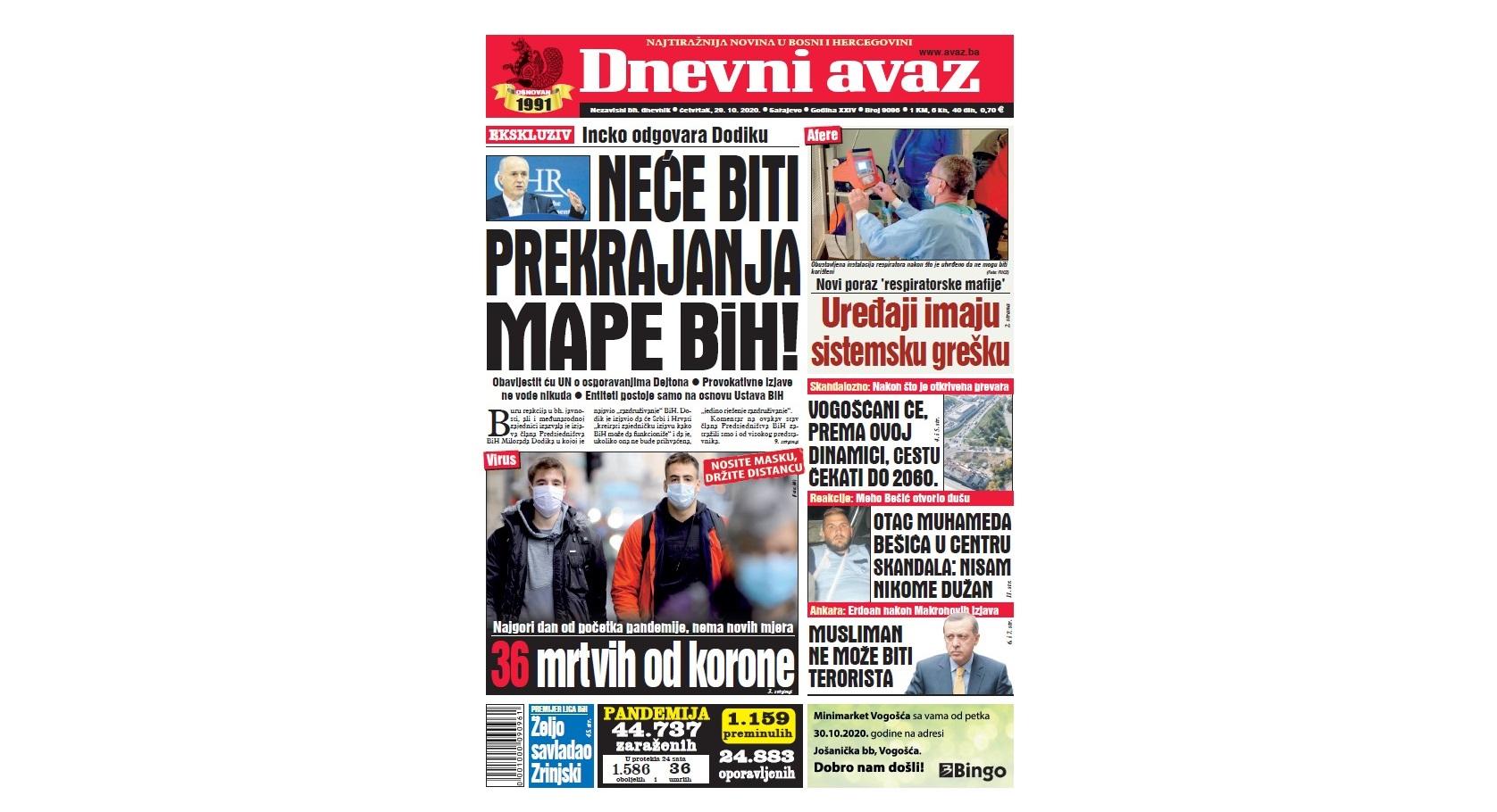 Danas u "Dnevnom avazu" čitajte: Neće biti prekrajanja mape BiH!