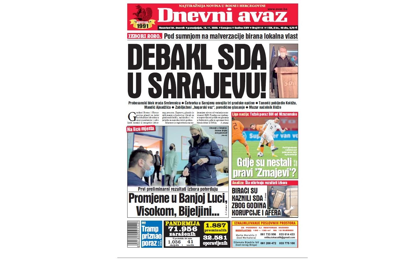Danas u "Dnevnom avazu" čitajte: Debakl SDA u Sarajevu!
