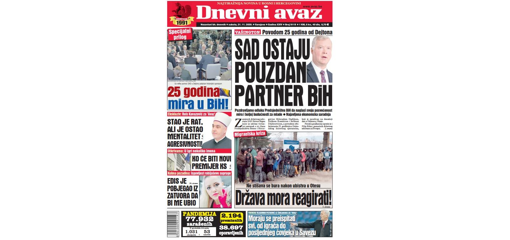 Danas u "Dnevnom avazu" čitajte: SAD ostaju pouzdan partner BiH!