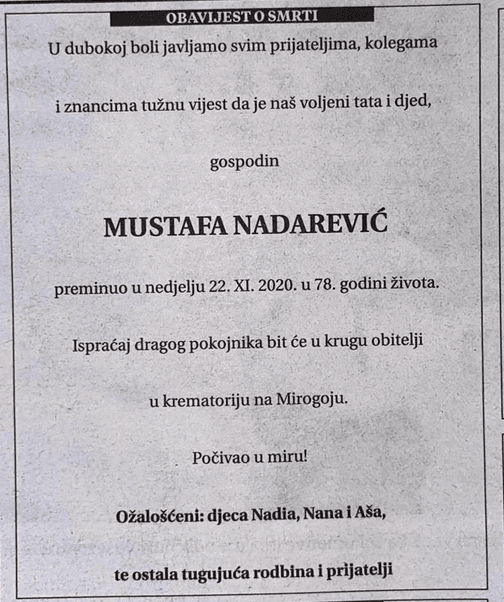 Osmrtnica Mustafi Nadareviću - Avaz