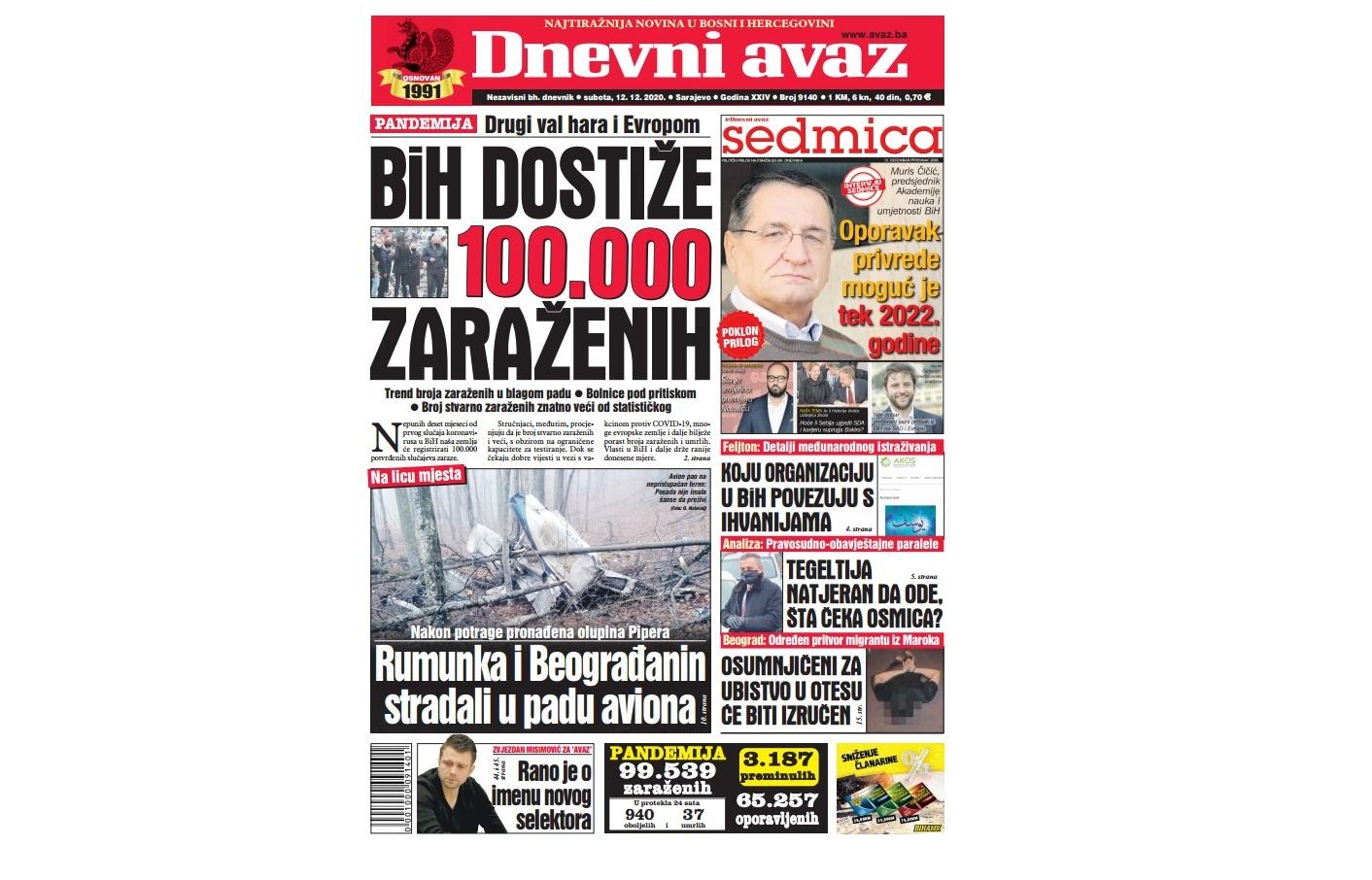 Danas u "Dnevnom avazu" čitajte: BiH dostiže 100.000 zaraženih