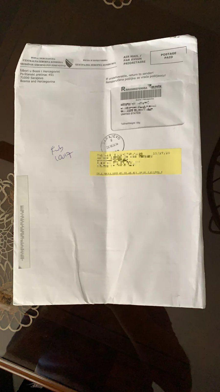 Fotografija pošiljke koja je iz Sarajeva upućena u SAD 26. oktobra, a stigla 27. novembra - Avaz