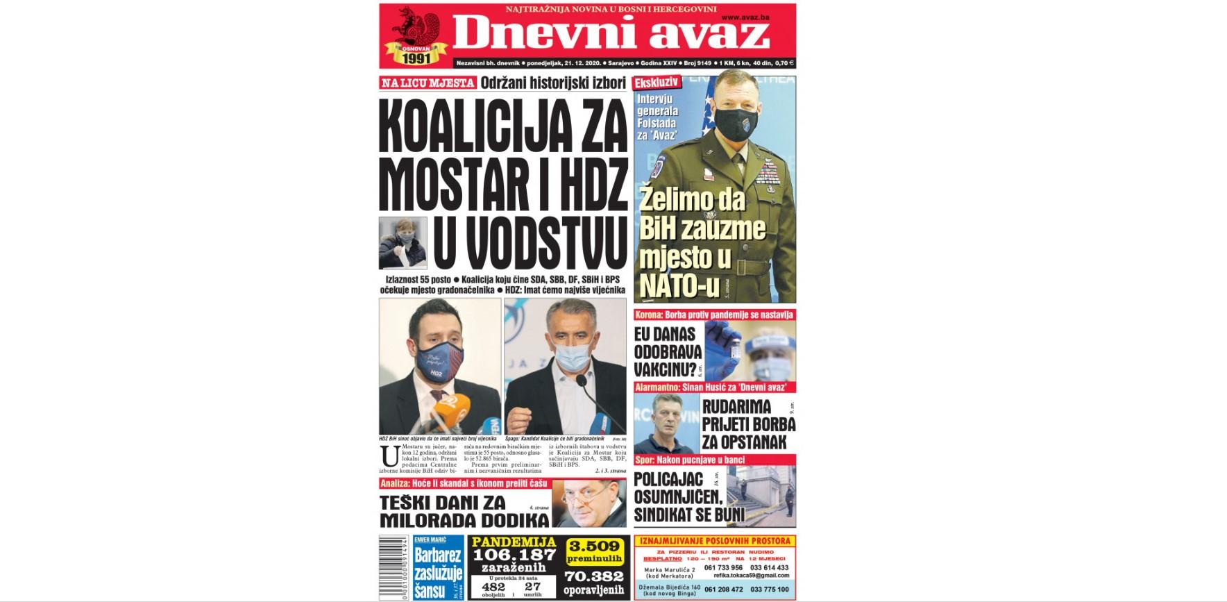 Danas u "Dnevnom avazu" čitajte: Koalicija za Mostar i HDZ u vodstvu