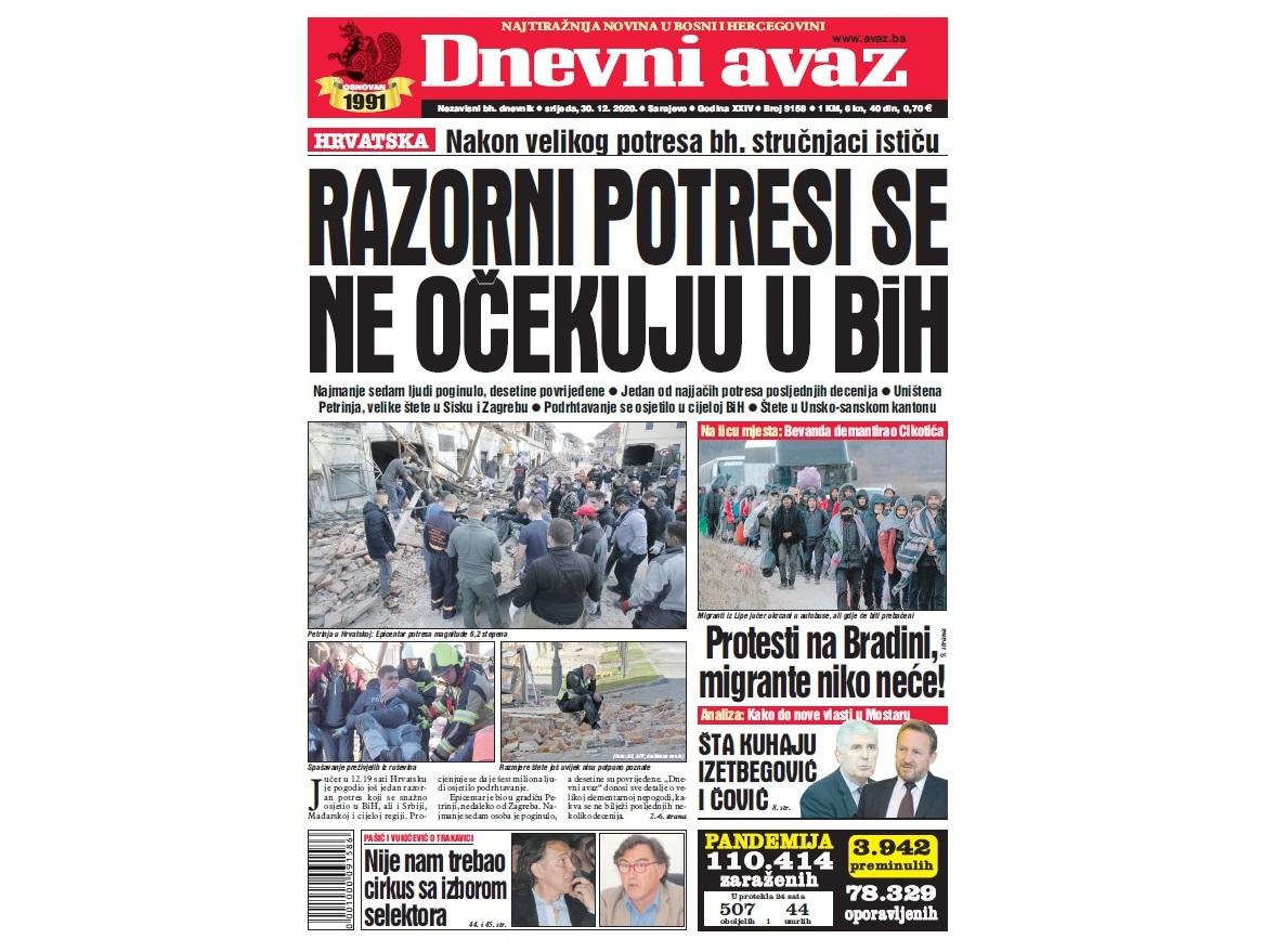 Danas u "Dnevnom avazu" čitajte: Razorni potresi se ne očekuju u BiH